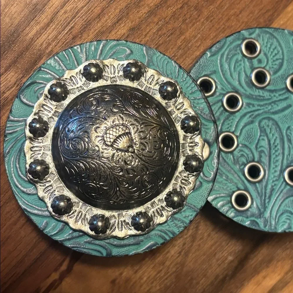 Boho Turquoise Embossed Leather Disc Belt - Large